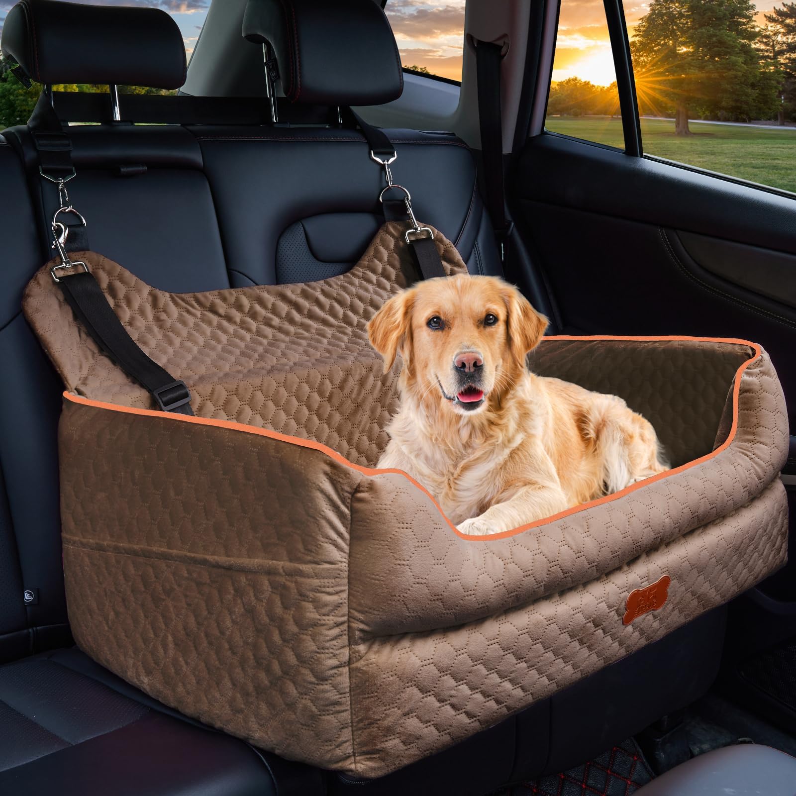 Dog Car Seat Booster with Memory Foam - Secure Strap Installation, Thick Padding & Storage Bag - Heavy-Duty Travel Bed for Large/Medium Dogs up to 24.95 KG or 2 Small Dogs - Washable Car Seat, Brown