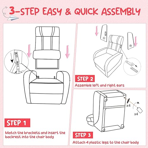 Miniatura 29 de Costzon Silla reclinable para niños, silla reclinable para juegos con bolsillos laterales, reposapiés, reposacabezas y soporte lumbar para rosado,
