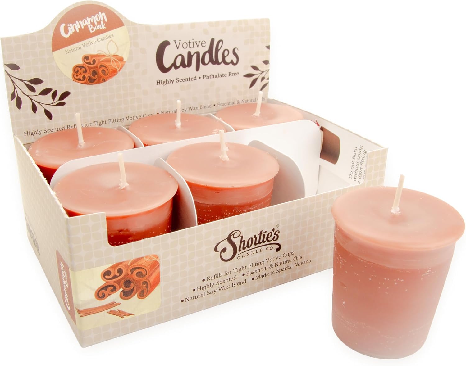 Cinnamon Bark Soy Votive Candles - Scented with Essential & Natural Oils - 6 Brown Natural Votive Candle Refills - Bakery & Food Collection