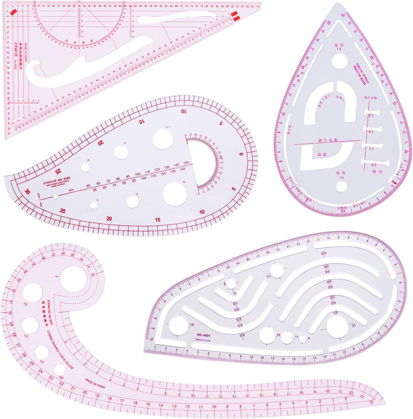 Tanlee 5 Pieces Measure Sewing Tools French Metric Ruler Plastic Fashion Metric Ruler Set French Curve Pattern Grading Rulers for DIY Clothing
