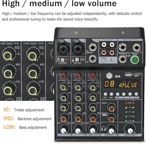 Miniatura 6 de INMix W4 - Mezclador de audio Bluetooth de 4 canales con efectos, interfaz USB, grabación estéreo, alimentación fantasma de 48 V, tablero de mezcla