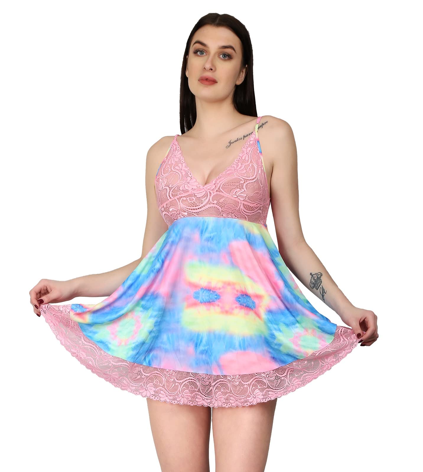 ssoshhub SoSh Heart Print Love Sexy Women Lingerie Lace Babydoll V Neck Chemise Halter Mesh Nightwear Babydoll Lingerie for Honeymoon Nightwear Beahwear BeachParty Lingerie with Panty Free Size-picture-32