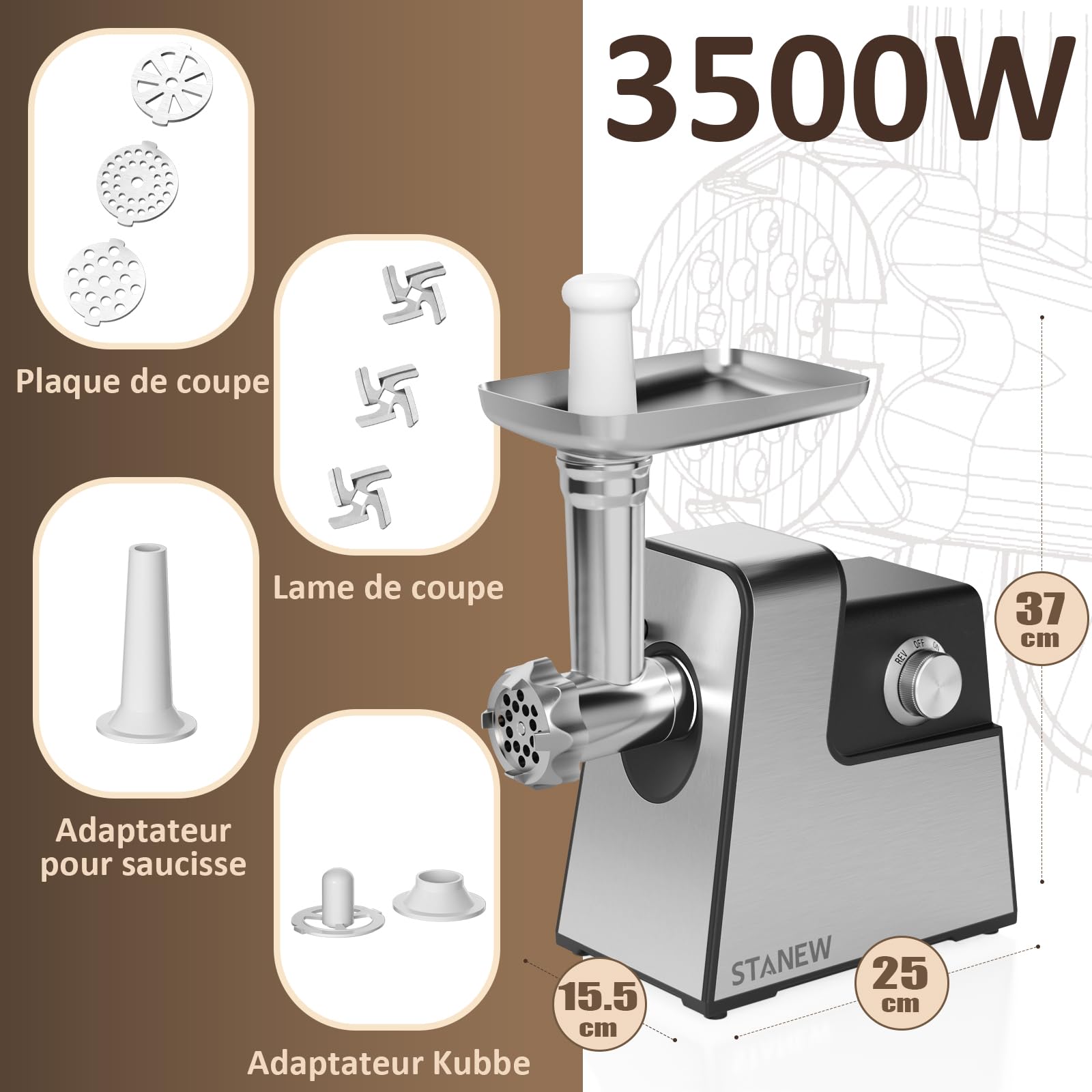STANEW 3500W Hachoir à Viande Électrique, 3 en 1 avec 3 Plaques en Acier Inoxydable, Kubbe et 3 Tubes à Farcir pour Saucisses, Capacité 3,5 kg/min,3 lames, Propower Moteur en cuivre