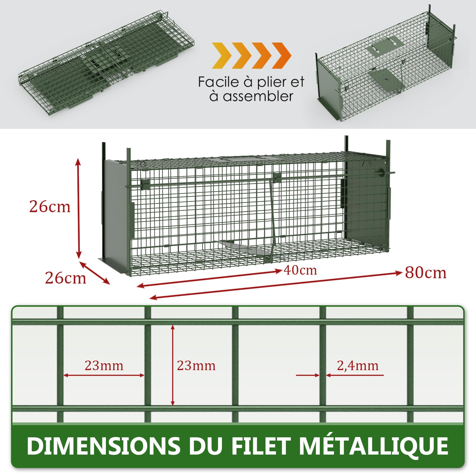 Piège Fouine Cage 80 x 26 x 26 CM Piège Chats Métal Piège Réutilisable Pliable des Animaux pour Martres,Renards,Rats Piège d'animaux Cage avec 2 entrées - Vert