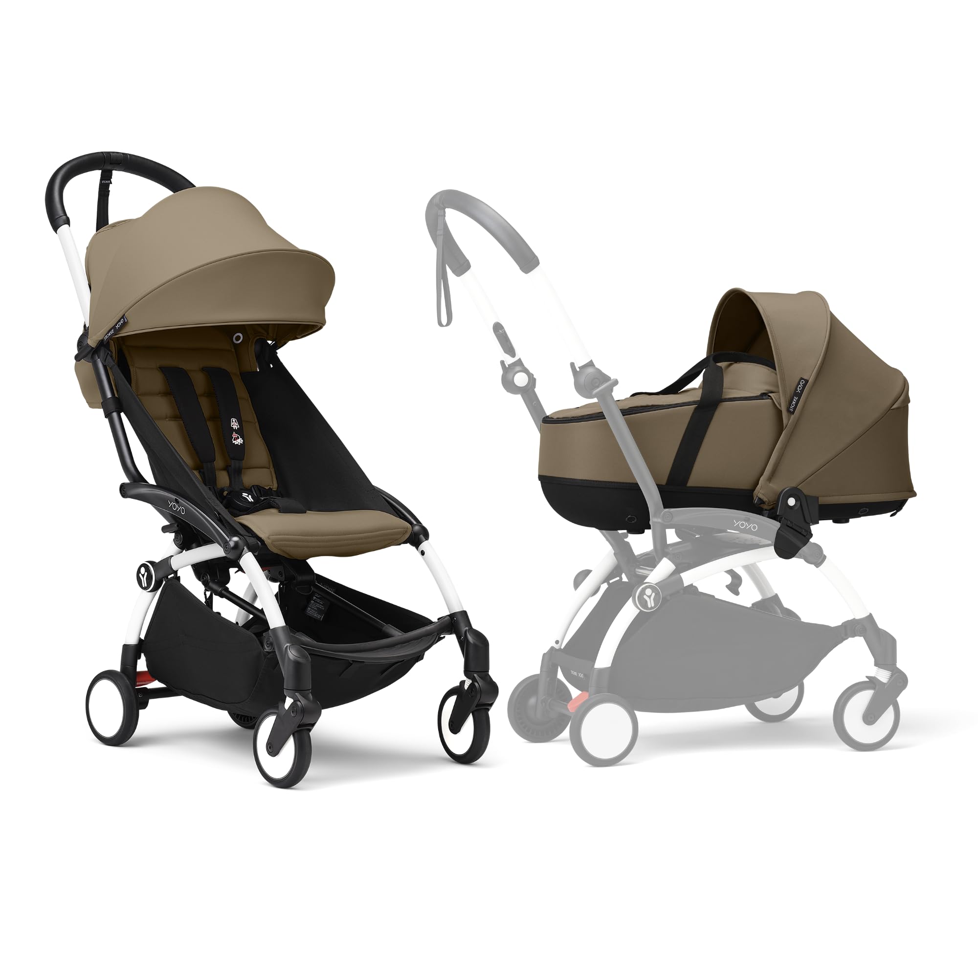 Stokke YOYO3 Kinderwagen mit Liegewanne - Weißer Rahmen, YOYO 6+ Textilset (Toffee) & Liegewanne (Toffee)