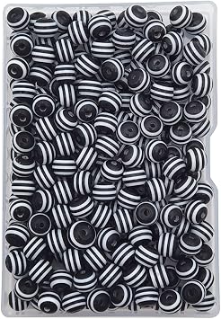 INSPIRELLE 200 Pieces 8mm Resin Stripe Beads Round Plastic Beads for Jewelry Making Bracelets Necklaces Making, Opaque Black and White