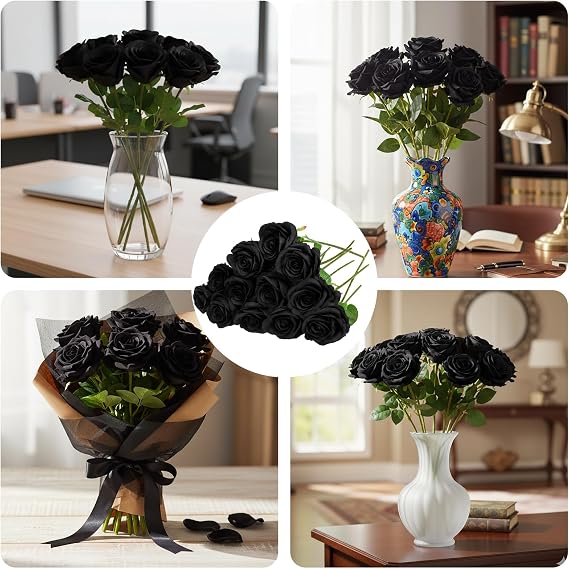12 Pcs Black Artificial Roses, Single Stem Realistic Silk Rose Bouquet, DIY Decoration for Home, Living Room, Garden, Wedding, Party