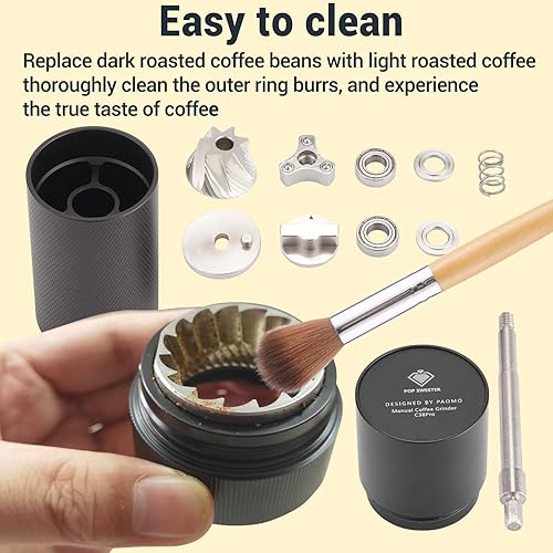 Miniatura 6 de Popsweeter Molinillo de café manual, rebabas de cono de acero inoxidable reemplazables de 7 celdas, cuerpo de una pieza de metal, ajuste de origen,