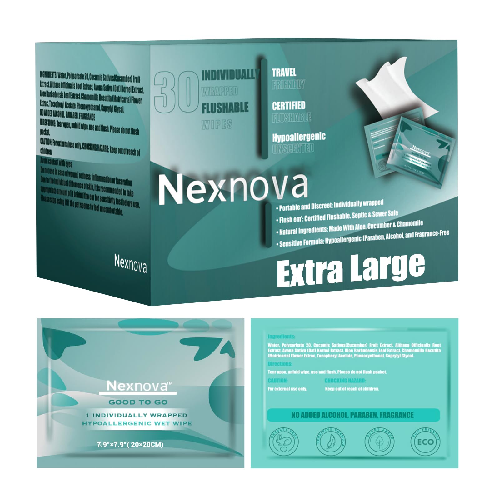 Nexnova - Extra Large Flushable Wet Wipes | Individually Wrapped | Travel Size | Unscented with Vitamin-E & Aloe | (30 on-the-go singles)