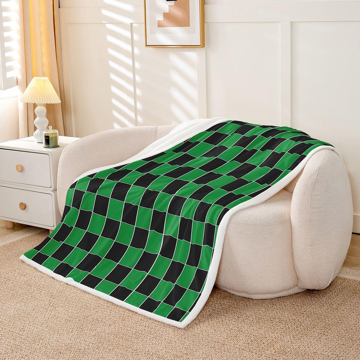 Erosebridal Plaid Fuzzy Plush Throw Green Black Checkerboard Fleece Blanket Geometric Checkered Sherpa Blanket for Kids Boys Girls,Aesthetic Grids Decor for Bed Couch Baby 30"x40"