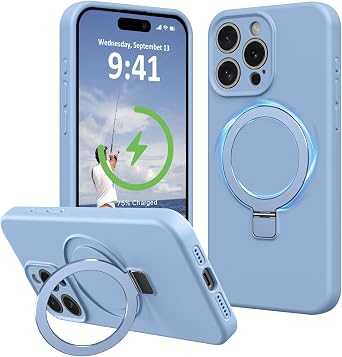 for iPhone 15 Pro Max Case Liquid Silicone with Stand, Light Blue