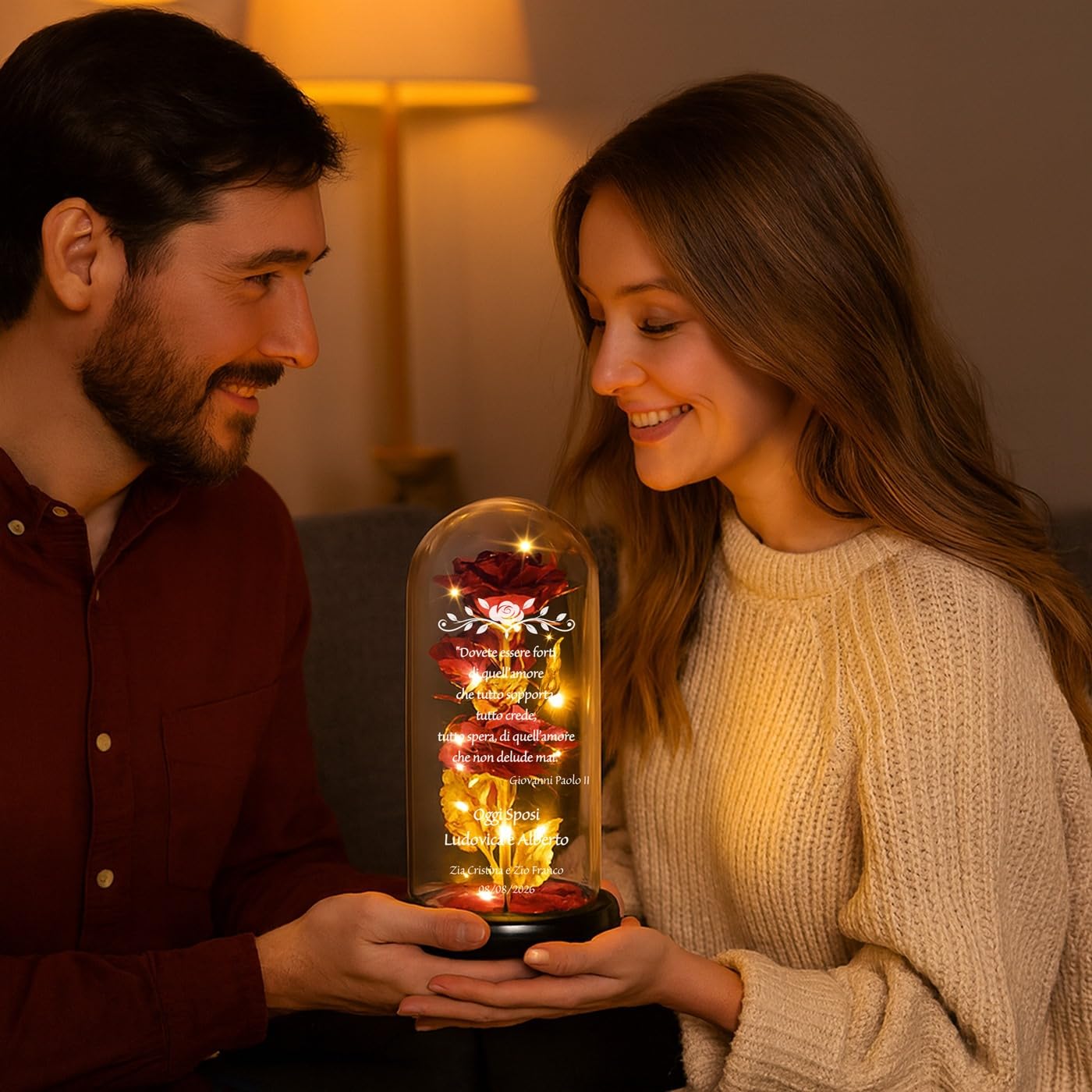 Rosa Stabilizzata In Cupola Con LED, Personalizzabile, Regalo Anniversario Coppia