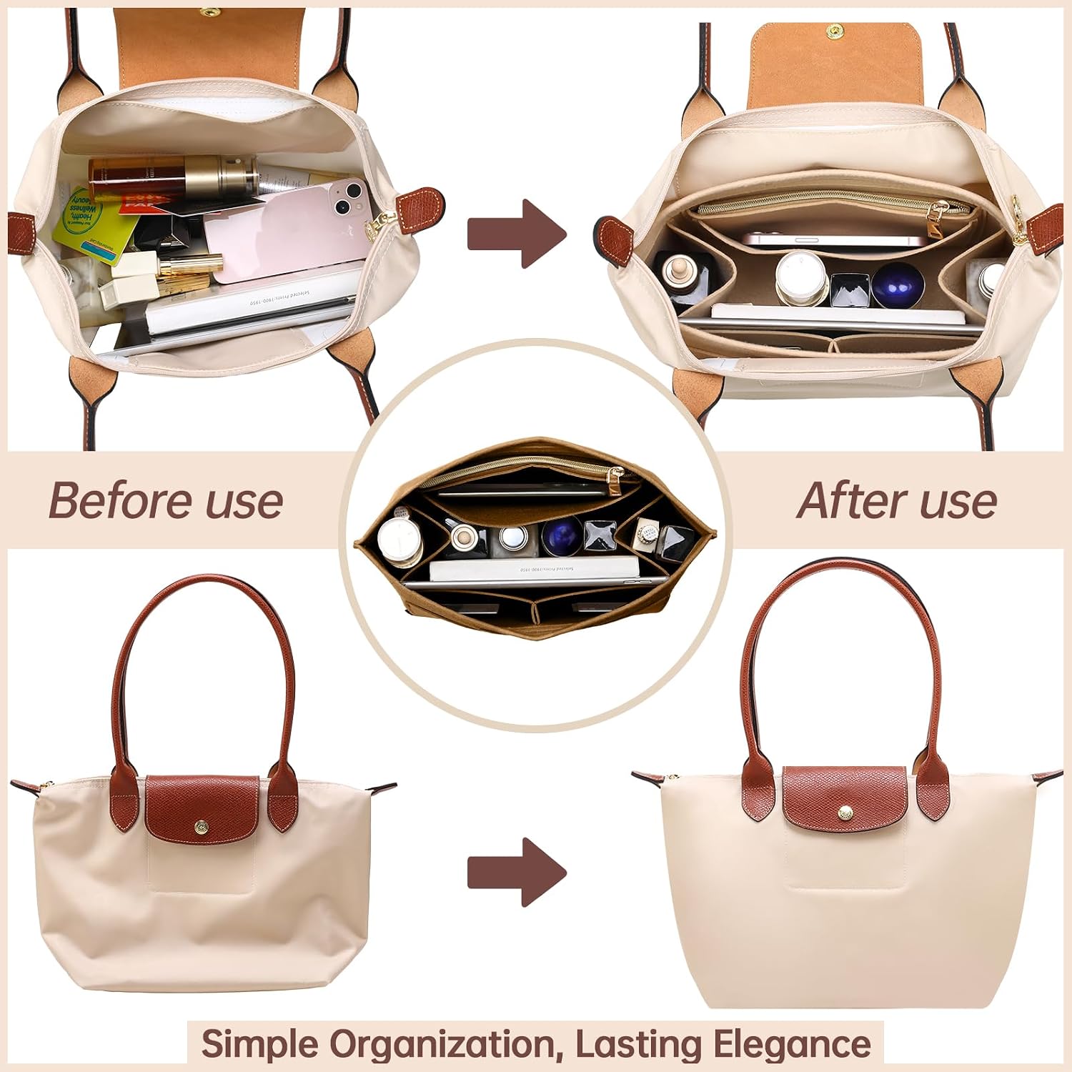 OPPOSHE Purse Organizer Insert for Longchamp Le Pliage, Premium Felt Long Champ Bag Handbag Women, Tote Organizer Insert with 9 Compartments (Large, Brown) image 3