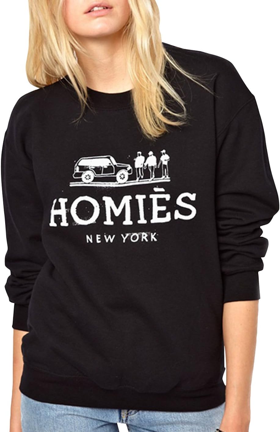Inlscp Women's Round Neck Fashion Street Style HOMIES Pullover Long Shirt Black M