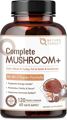 NATURE TARGET Suplemento de hongos, complejo de hongos con melena de león, cola de pavo, reishi, cordyceps, shiitake, hongos 14 en 1 para memoria y