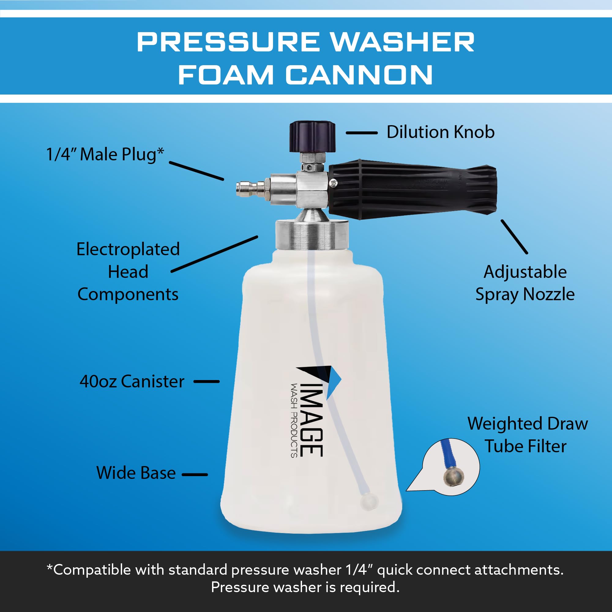 Image Wash Products Snow Foam Cannon for Pressure Washers - Wide Base - 40oz Canister - Detailer's Choice for Touchless Wash - Car/Truck/RV/Boat Foam Gun – Best Tool for Washing Your Car or Truck