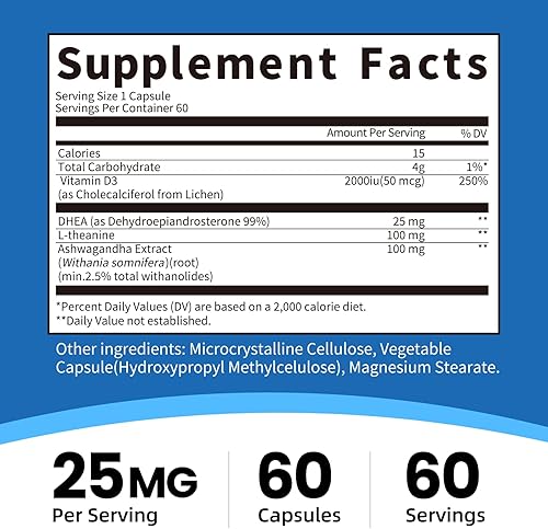 Miniatura 5 de Suplemento de DHEA para mujeres de 40 años y hombres, apoya las hormonas* equilibrio, DHEA 25 mg (cápsula en cápsula), con L-teanina, Ashwagandha,