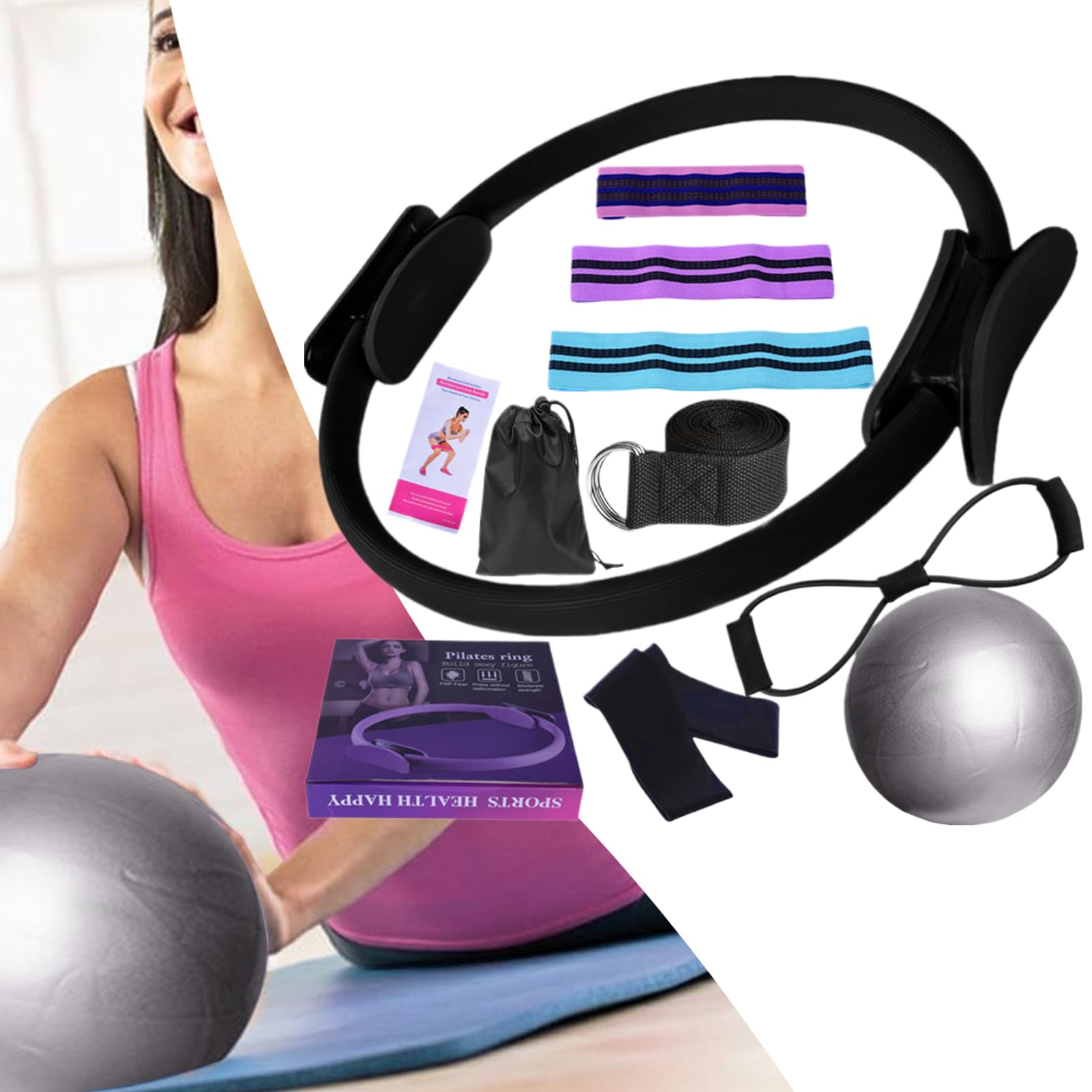 Set Di Anelli Per Pilates, Kit Da 10 Pezzi Per Pilates Da Donna, Kit Per Allenamento A Casa, Anello Per Yoga, Anello E Palla Per Pilates, Fascia Elastica Di Resistenza, Tappetini Per Yoga, Per