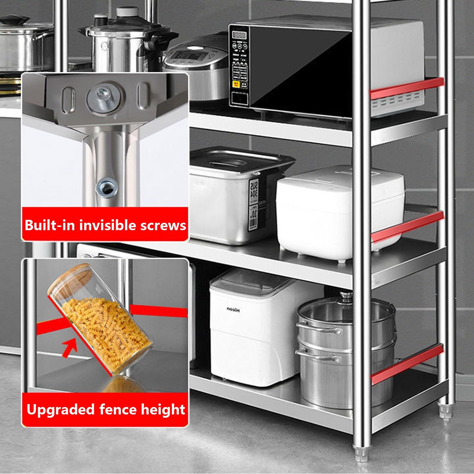 EstanteríA de Cocina EstanteríA para Microondas Muebles Auxiliar de Cocina de Niveles Estante Abierto de Pie con Valla y Almohadilla para Pies Ajustable Acero Inoxidable Plata(110 * 35 * 95)