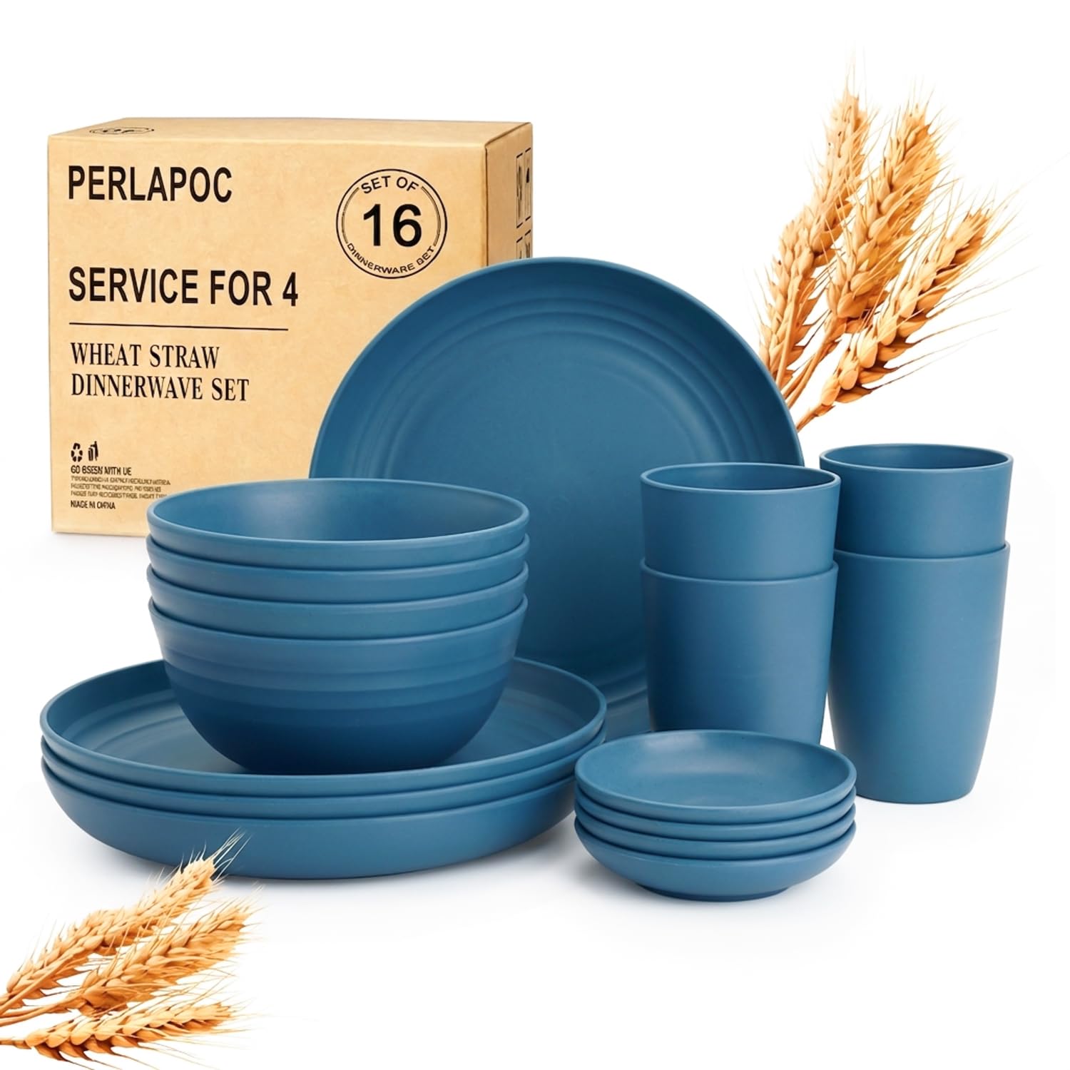 16 PCS Wheat Straw Plates and Bowls Sets,Kids Dishes Dinnerware Sets for 4,Unbreakable Kitchen Plates and Bowls Set for Travel Dishwasher &amp; Microwave Safe Lightweight Dishes Set - DeepBlue