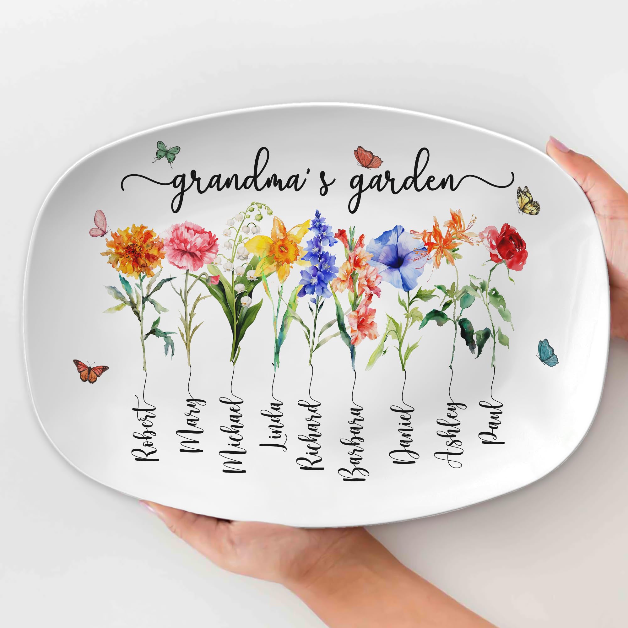 Personalized Grandma's Garden Plate w/Grandkids Names, Birth Flower Platter w/Kids Names, Unique Mothers Day 2025 Gift From Grandkids, Mini Nana Gigi Decor Gift, Grandmother Decorative Serving Tray