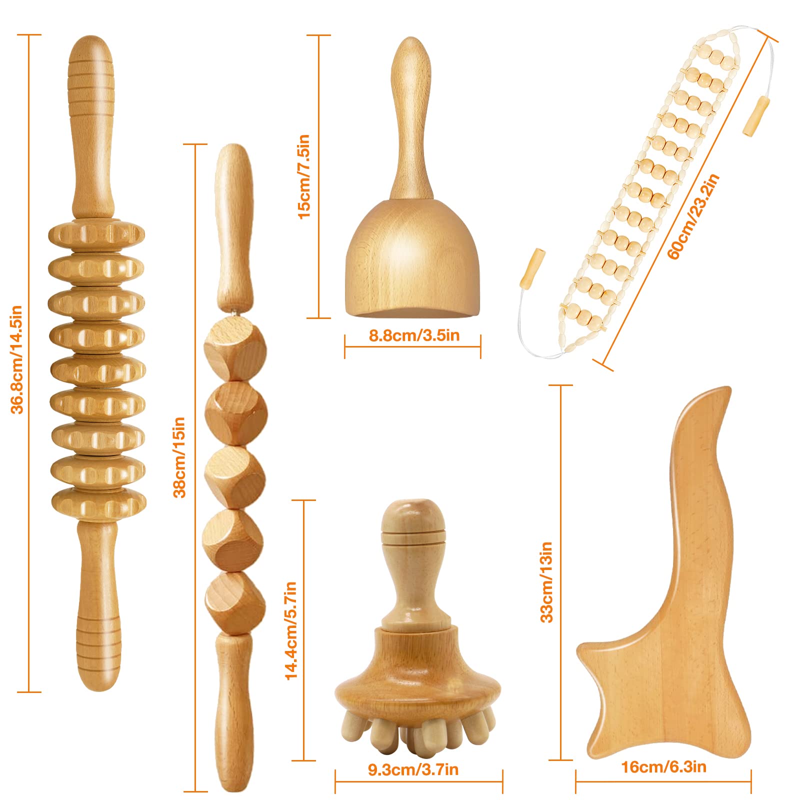 Set de 6 Kit Maderoterapia Corporal, Masajeador Anticelulitico, Copa Sueca Maderoterapia, Champiñones, Rodillo Masaje Muscular, Rodillo de cubos, guasha wood stick, Cadena de Masaje,faszienrolle holz
