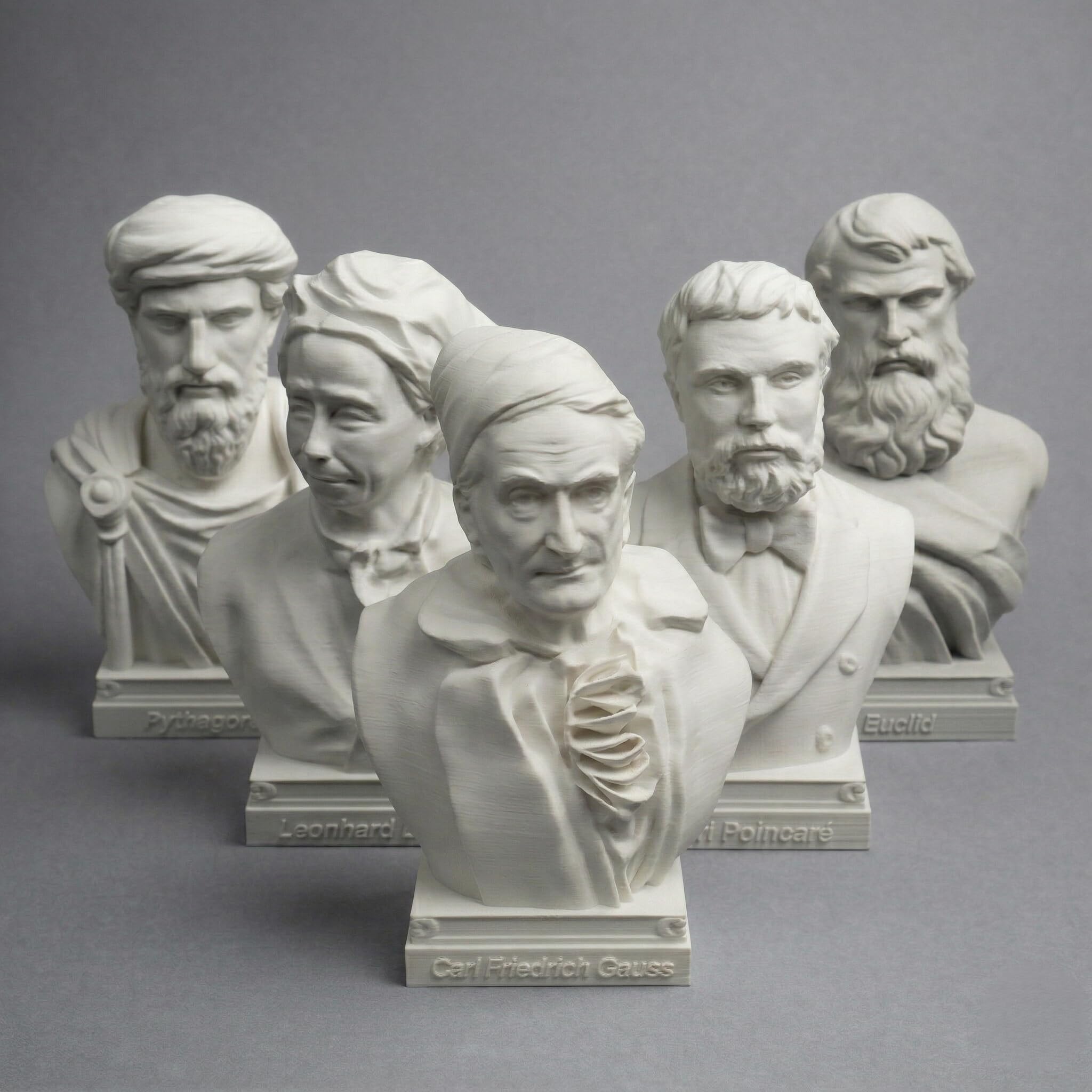 Mathematician Statue Gift Euclid Gauss Euler Poincaré Pythagoras Scientist Bust For School College Historical Figurine Head Sculpture Office Decor Table (Great Mathematicians Set of 5, 4"Hx2.5"Wx2"D)