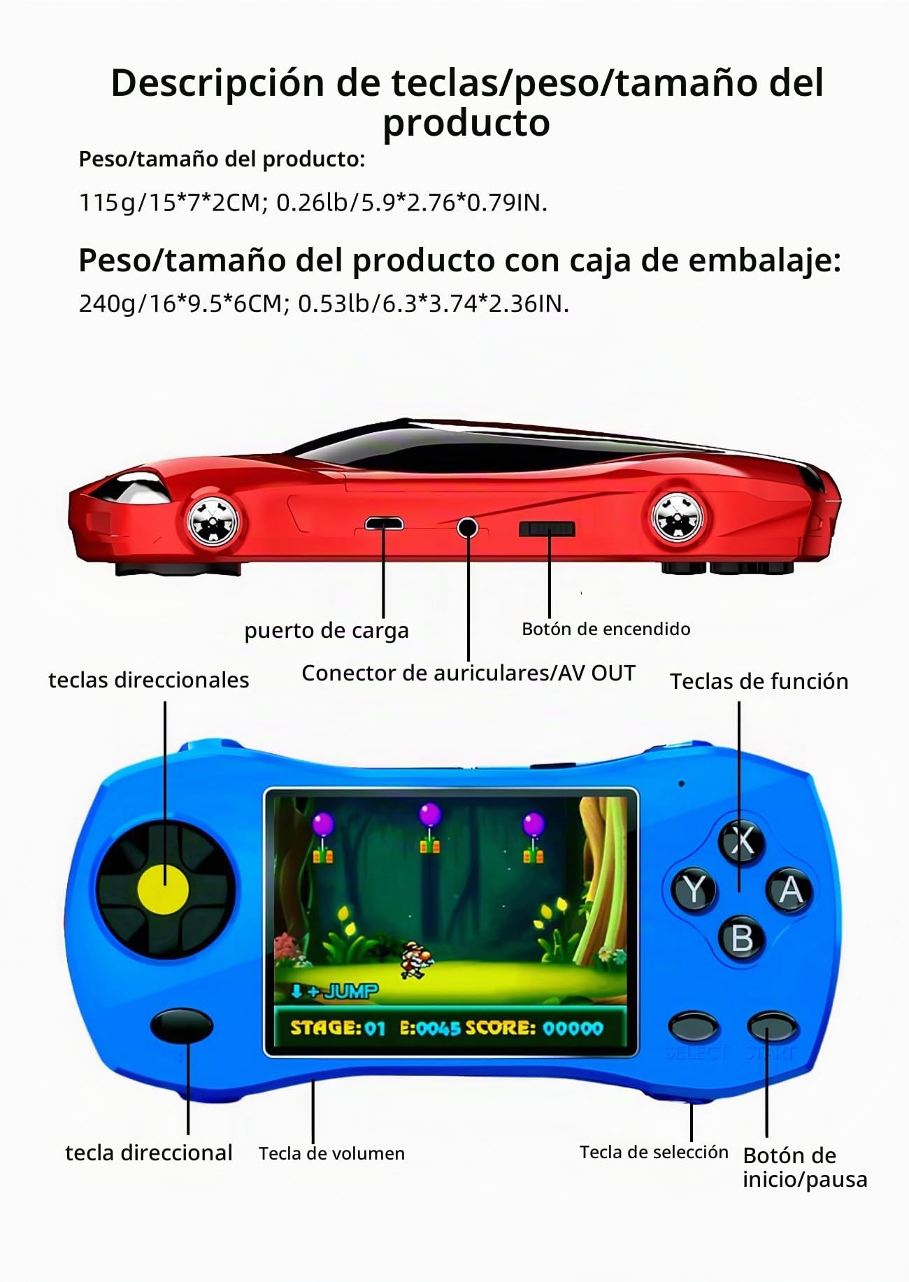 CZT 3.0" Forma de Coche Deportivo Consola de Videojuegos 250 Juegos de 64 bits Compatible con Salida de TV Rompecabezas Portátil para niños Regalo Ideal de Cumpleaños Ocio