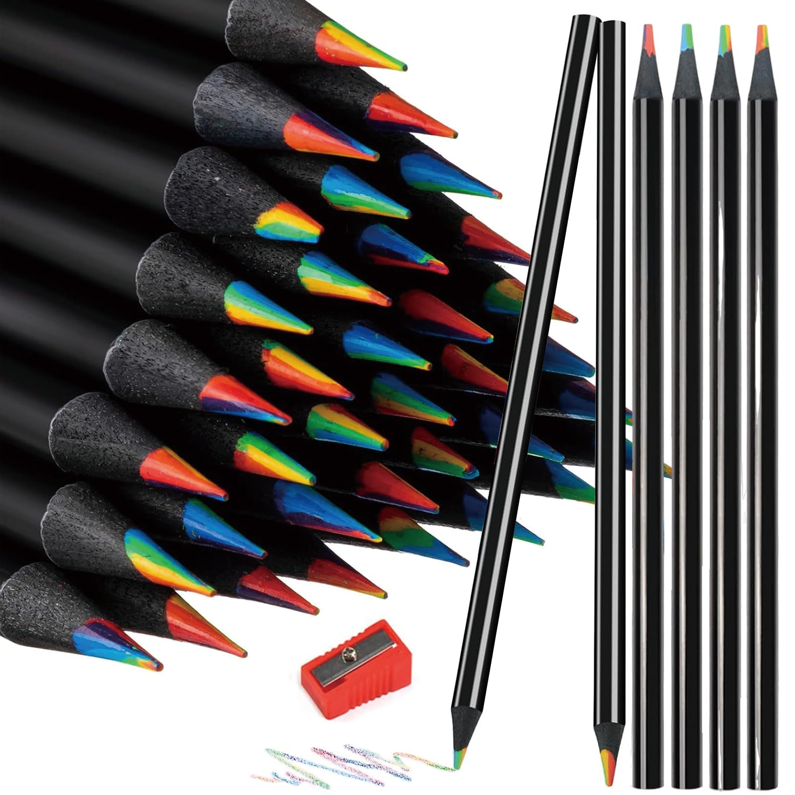 30 Rainbow Pencils, Kids' 7 in 1 Black Wooden Rainbow Pencils with Sharpener, Multicoloured Art Supplies