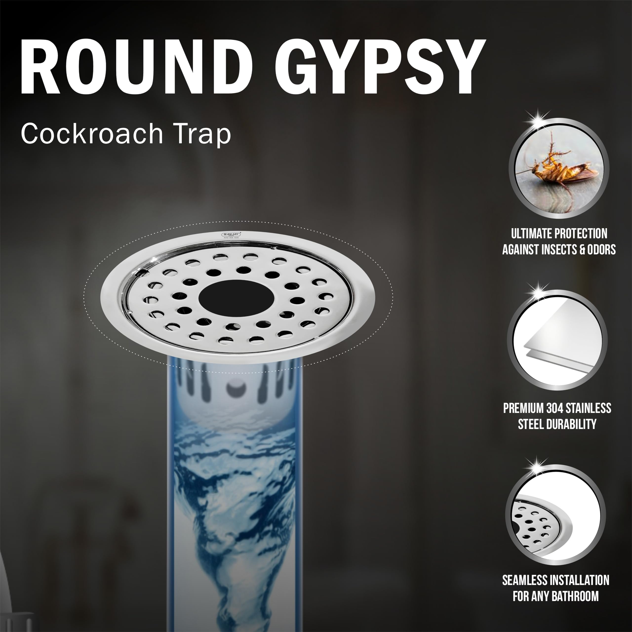 Sanjay Chilly Round SS Floor Drain Cockroach Trap with Pipe Hole 8 Inch for Bathroom 304 Grade Waste Water Drainer in Bathtub Washbasin Sink Toilet & Kitchen Cover Jali (Round Gypsy Silver 8 Inch) 3
