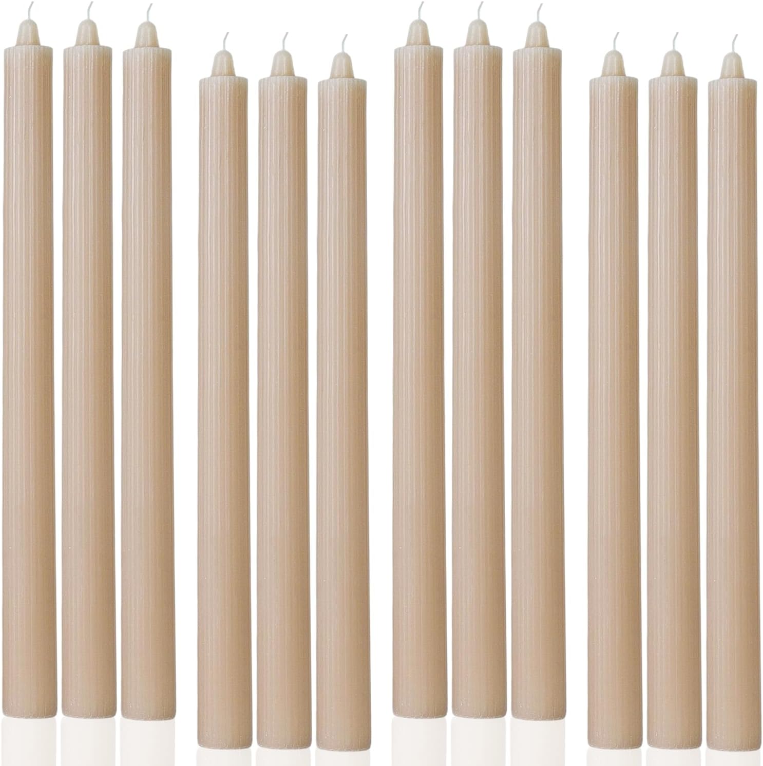 Sahara Beige Taper Candles Ribbed Dripless Tapered Candles Ideal as Dinner Candle Smokeless and Unscented Candle Sticks Long Burning,10.5 inch,Set of 12