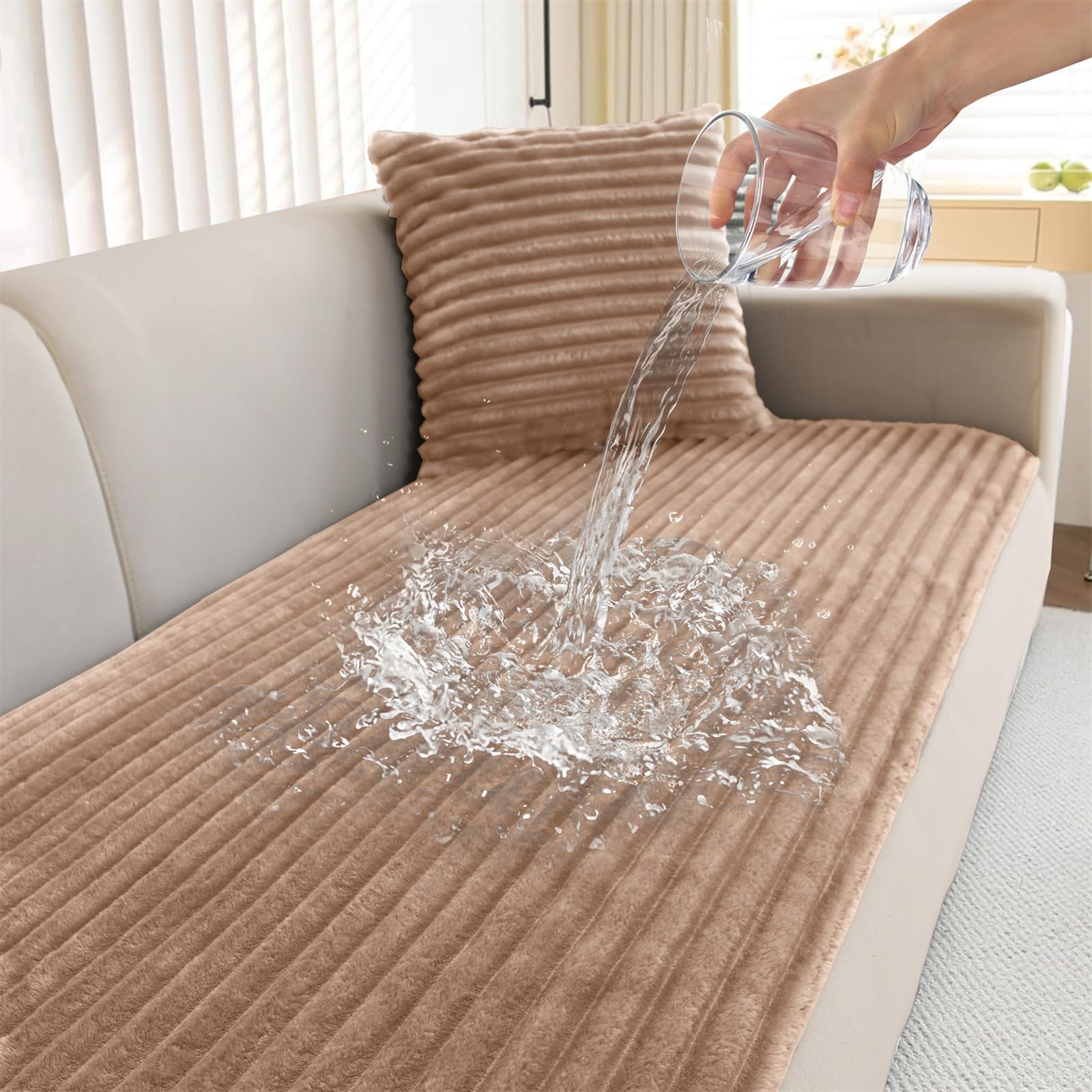 LINGKY Waterproof Sofa Covers 2 3 4 Seater Non Slip Sofa Slipcovers Super Soft & Thick Faux Fur Sofa Cushion Covers Pet Couch Covers Sofa Protectors from Pets/Kids/Dogs (Khaki, 70x70cm) — image 1