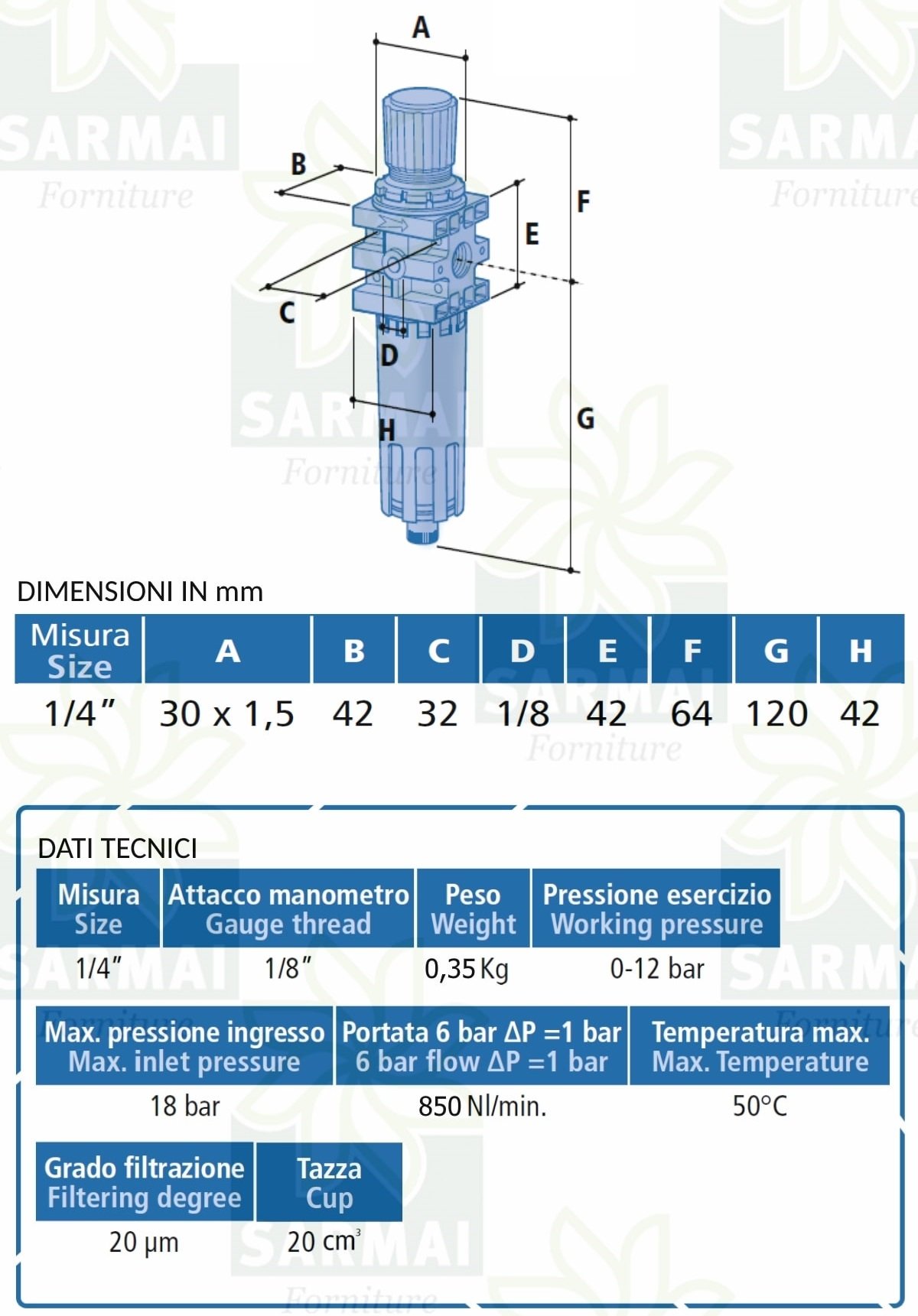 Filtro e Riduttore Regolatore Pressione 1/4 Aria Compressa Utensili Pneumatici
