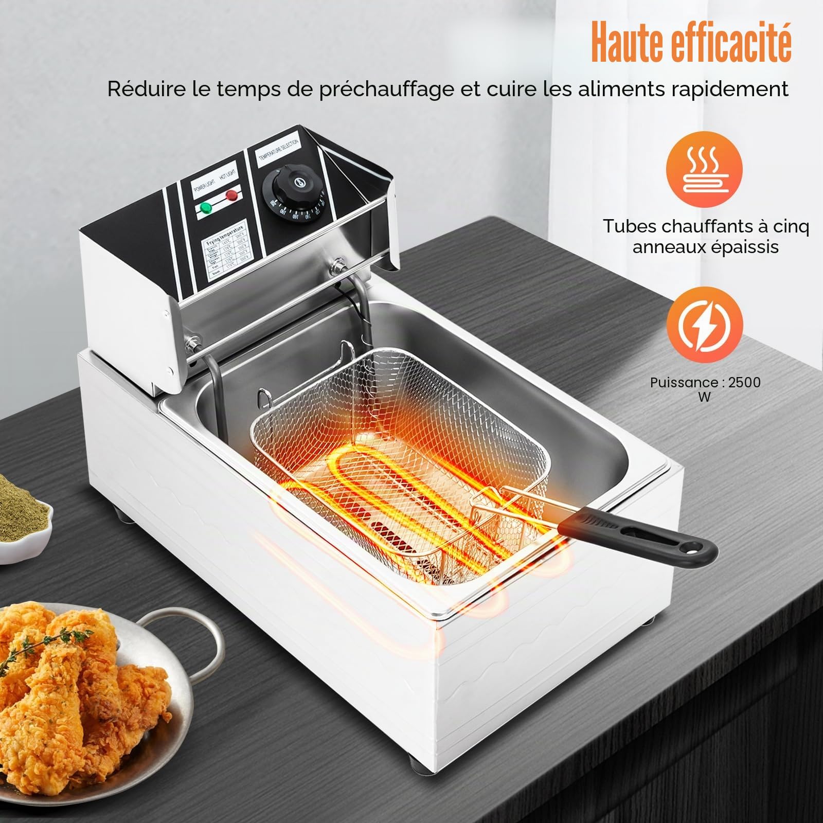 Friteuse électrique avec une capacité de 6 l - 2500 W - En acier inoxydable - Avec technologie de zone froide - Panier friteuse de cuisine de 60 à 200 °C - Régulateur de température indépendant