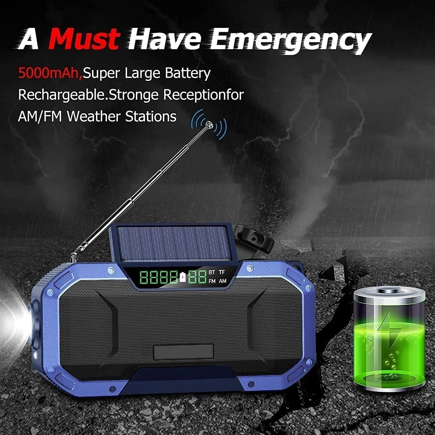 Crank Radio World Receiver 5000 mAh Solaire USB Rechargeable Radio d'urgence avec Radio AM/FM et Lampe Torche LED Lampe de Lecture Boussole