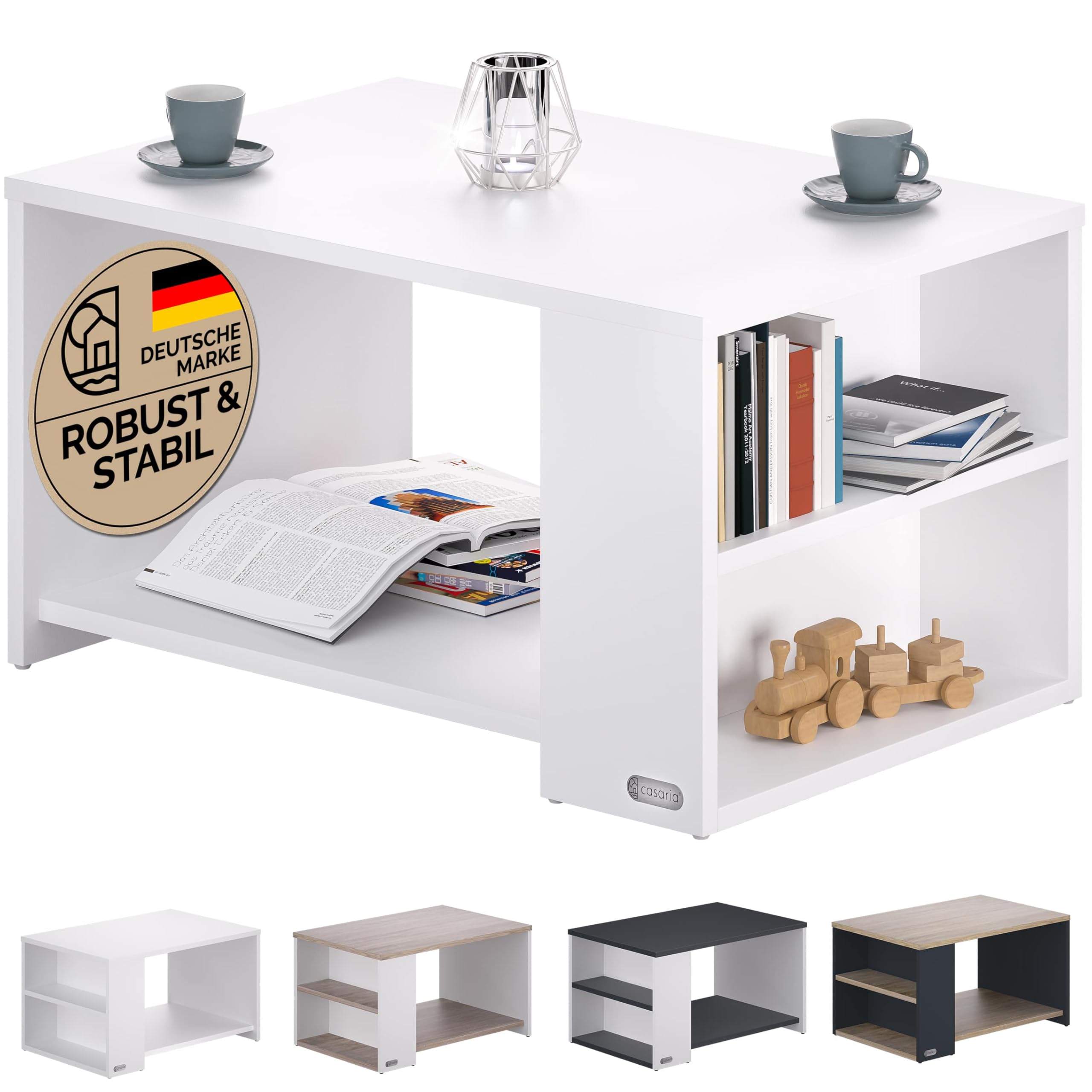 Casaria® Couchtisch Weiß Holz mit Stauraum Regal 2 Ablagen 90 x 60 x 50 cm Wohnzimmertisch Kratzfest 50 kg Belastbar Eckig Beistelltisch Sofa Couch