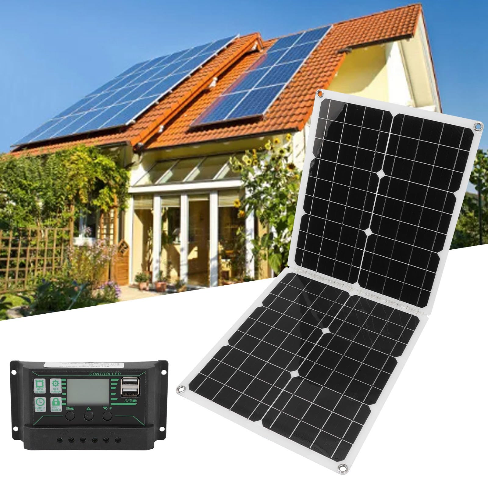 Hyuduo Pannelli Solari da 50 W, Pannello Solare Pieghevole in Polisilicio 2A Pannello Solare Portatile, Alta Efficienza di Conversione per la Ricarica della Batteria dell'auto per, Viaggi in