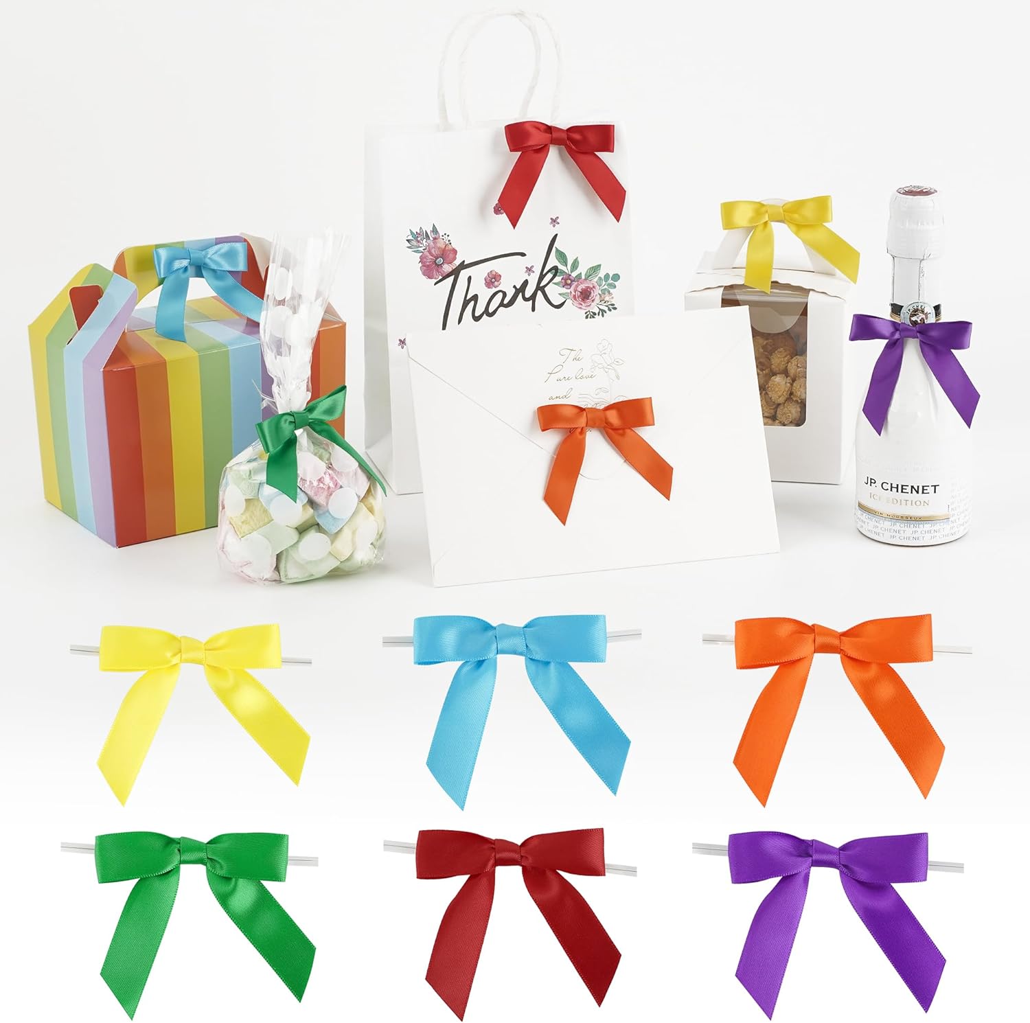 AIMUDI Rainbow Ribbon Bows 2.5" Satin Twist Tie Bows for Gift Wrapping Premade Satin Bows for Making Crafts Treat Bag Baby Shower Birthday Wedding LGBT Party Decoration, 60 PCs