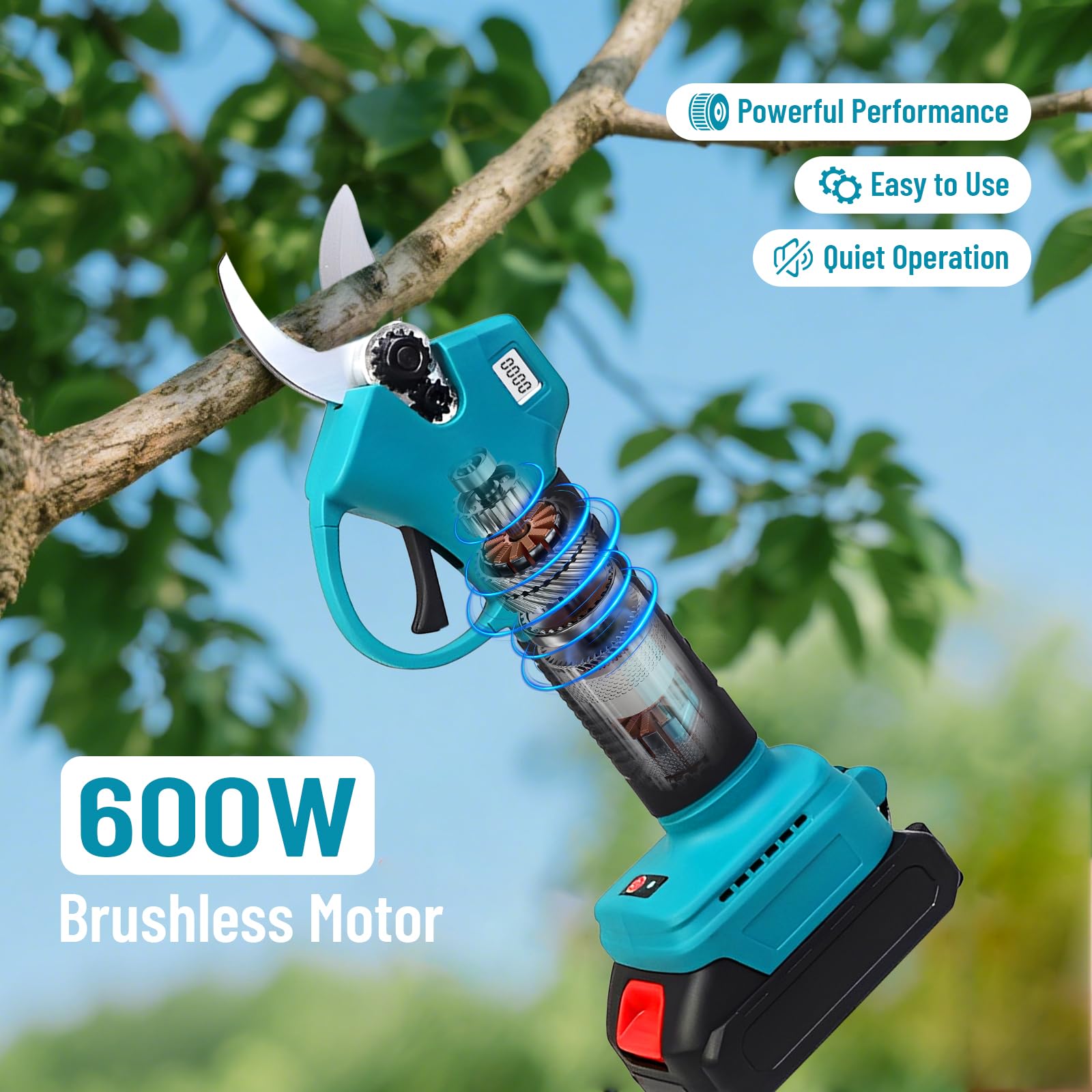 Set professionale di cesoie telescopiche a batteria, testa di taglio girevole a 180°, 2 batterie agli ioni di litio da 2000 mAh, con tracolla, guanti, occhiali di protezione, lama di ricambio