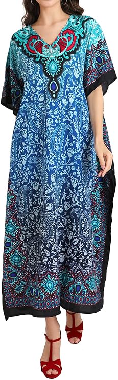 Miss Lavish London Long Kaftan Dress Women, Flowy Resort Wear, Maxi Plus Size Swim Coverup, Lightweight Summer Long Kaftan