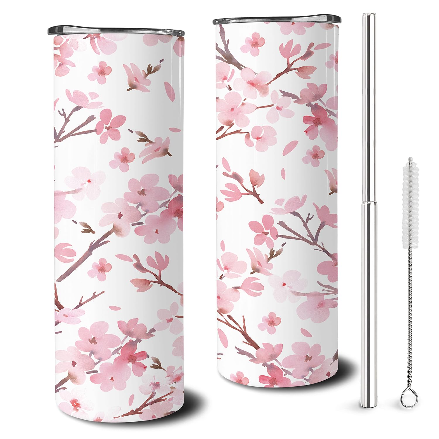 Vaso flaco floral con pajita y tapa, 20 onzas, doble pared, acero inoxidable, aislado al vacío, café, vino, té, regalo para mujeres, color rosa