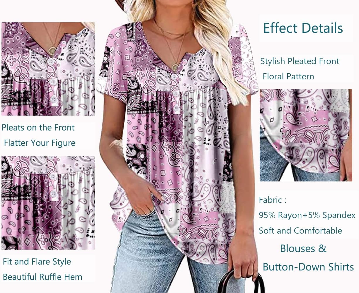 WRRH Womens Summer Short Sleeve Blouse Plus Size Ladies Shirts Floral Loose Flowy Tops for Leggings M - Image 3