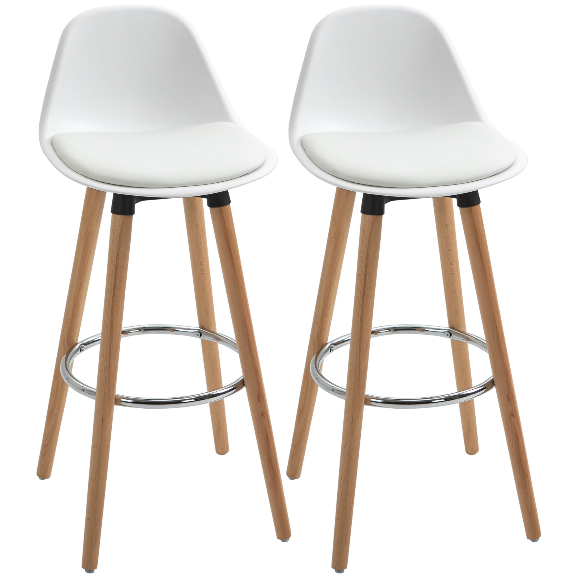 HOMCOM Barhocker 2er Set Gepolstert mit Holzbeine und Rückenlehne, Weiß