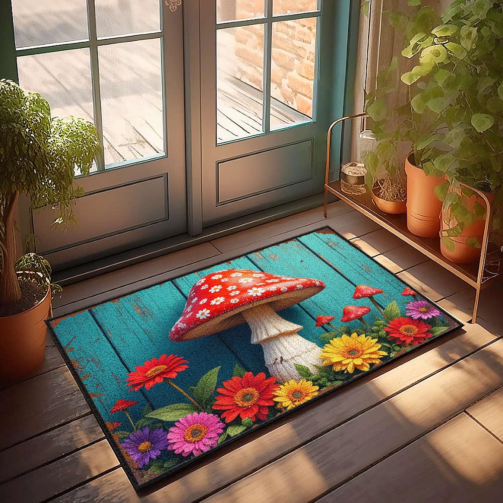 Paillasson extérieur 65x90 cm jardin fantastique avec fleurs colorées et grand champignon