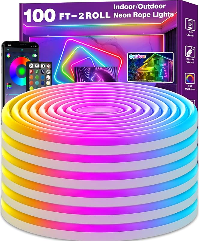 AILBTON Led Neon Rope Lights 100Ft,Flexible,Control with App/Remote,Multiple Modes,IP65 Outdoor RGB Waterproof,Music Sync Gaming Strip Lights for Bedroom Indoor