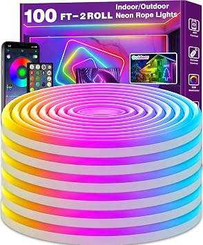 AILBTON Led Neon Rope Lights 100Ft ، مرنة ، تحكم مع التطبيق / التحكم عن بعد ، أوضاع متعددة ، IP65 خارجي RGB مقاوم للماء ، موسيقى Sync Gaming Strip Light for Bedroom Indoor
