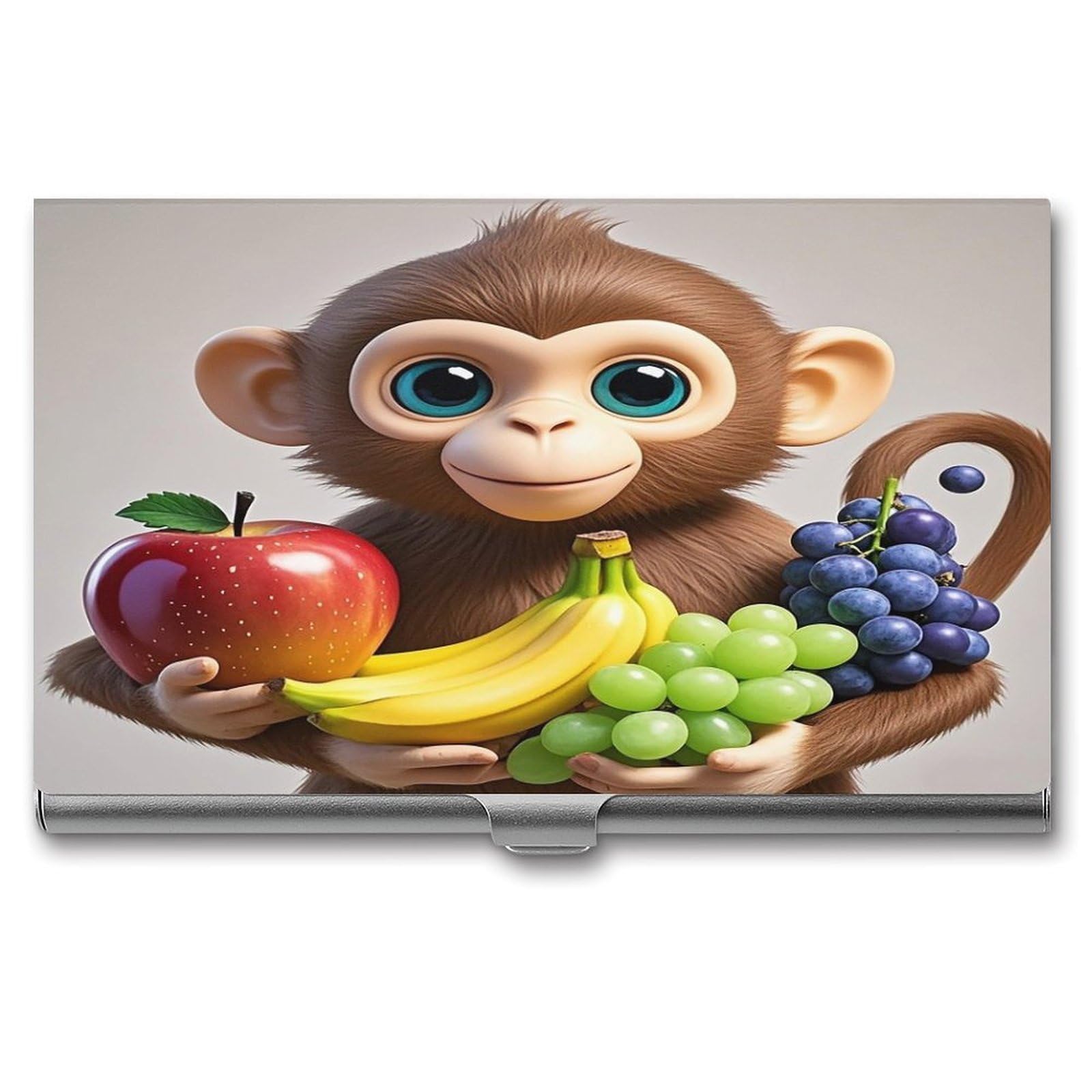 FekiLoot Cartoon Monkey Holding Fruit Business Card Holder Aluminum Alloy Business Card Case Convenient to Carry Business Card Dispenser for Men Women