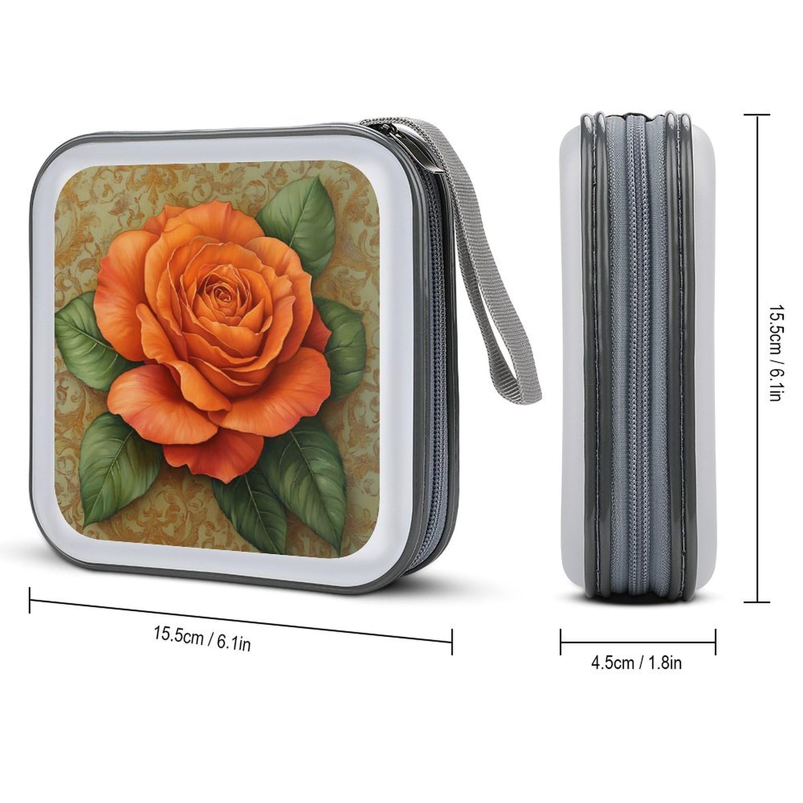 Orange Rose with Lush Green Leaves CD Case DVD Storage Case Portable