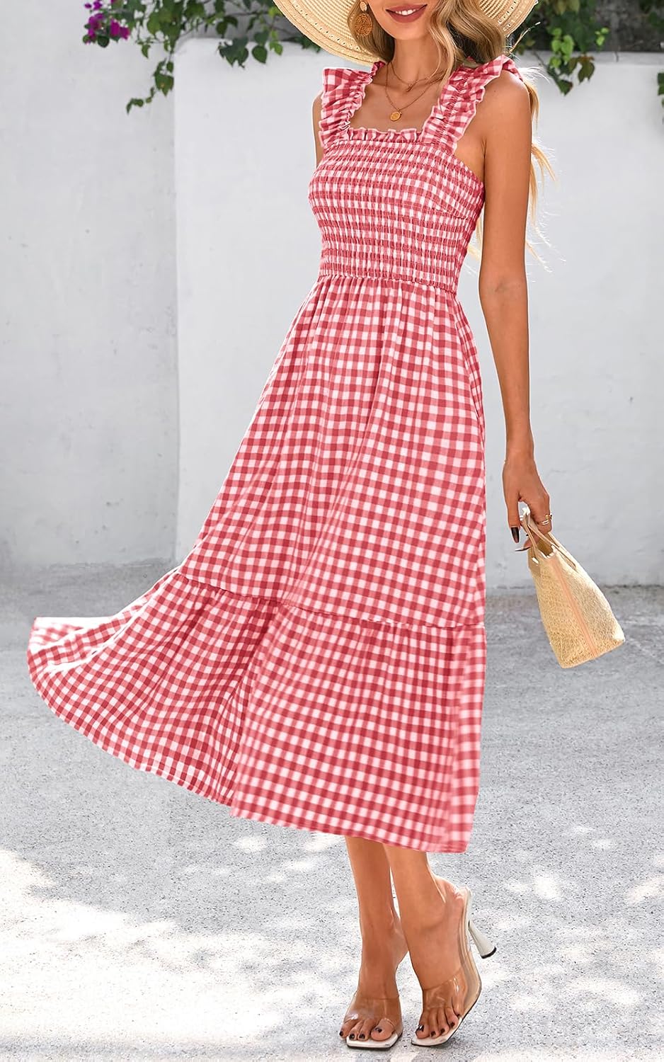 PRETTYGARDEN Womens Summer Dress Casual Square Neck Ruffle Strap Gingham Smocked Midi Flowy A Line Beach Vacation Sun Dresses - Image 2