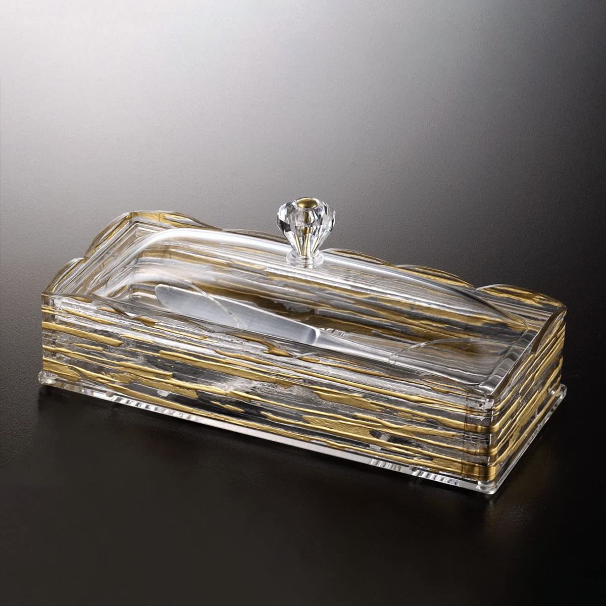 Vague Acrylic Cutlery Holder With Cover, Transparent/Gold